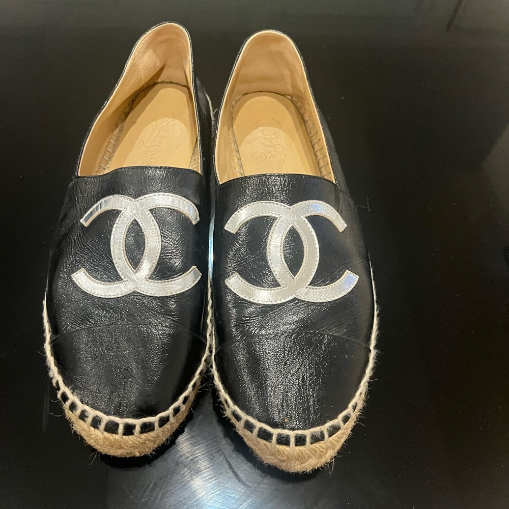CHANEL Black and Silver Espadrilles 38